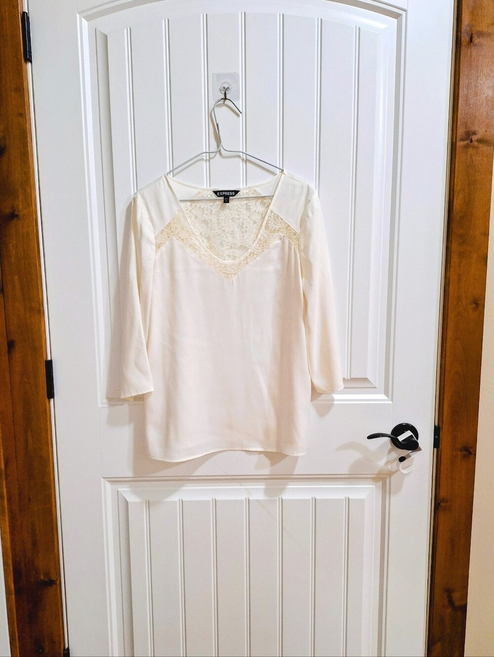 Express Lace-Trim V-Neck Cream Women's Blouse
